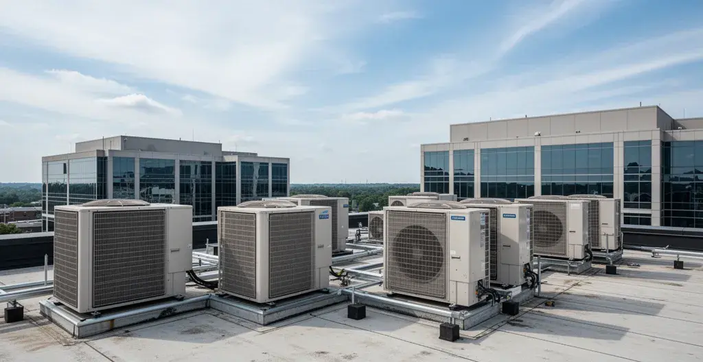 Unités de climatisation commerciale sur toit bâtiment tertiaire