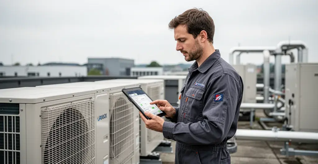 Technicien CVC européen inspectant système climatisation avec tablette diagnostic