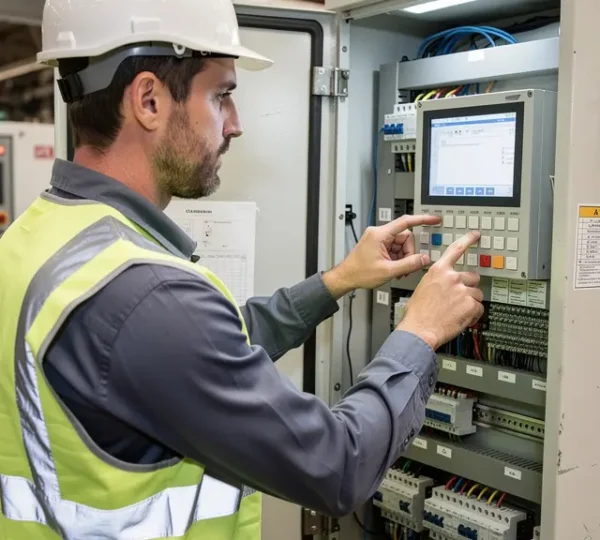 Technicien industriel inspectant un tableau électrique haute tension (Tarif Vert EDF)