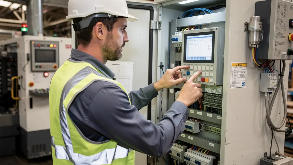 Technicien industriel inspectant un tableau électrique haute tension (Tarif Vert EDF)