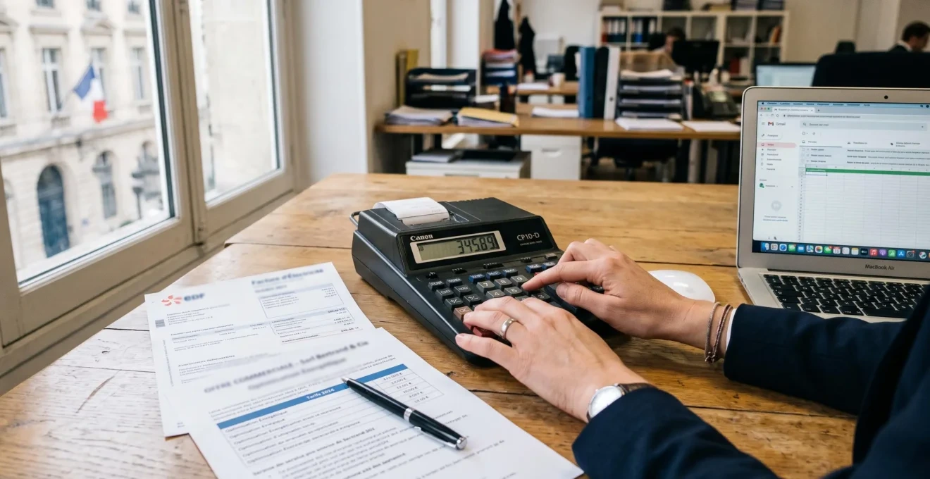 Des mains calculent le coût d'une facture d'électricité sur un bureau d'entreprise.