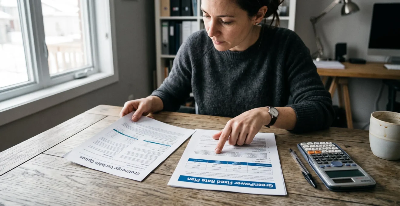 Une personne compare deux propositions de contrat posées côte à côte sur un bureau.