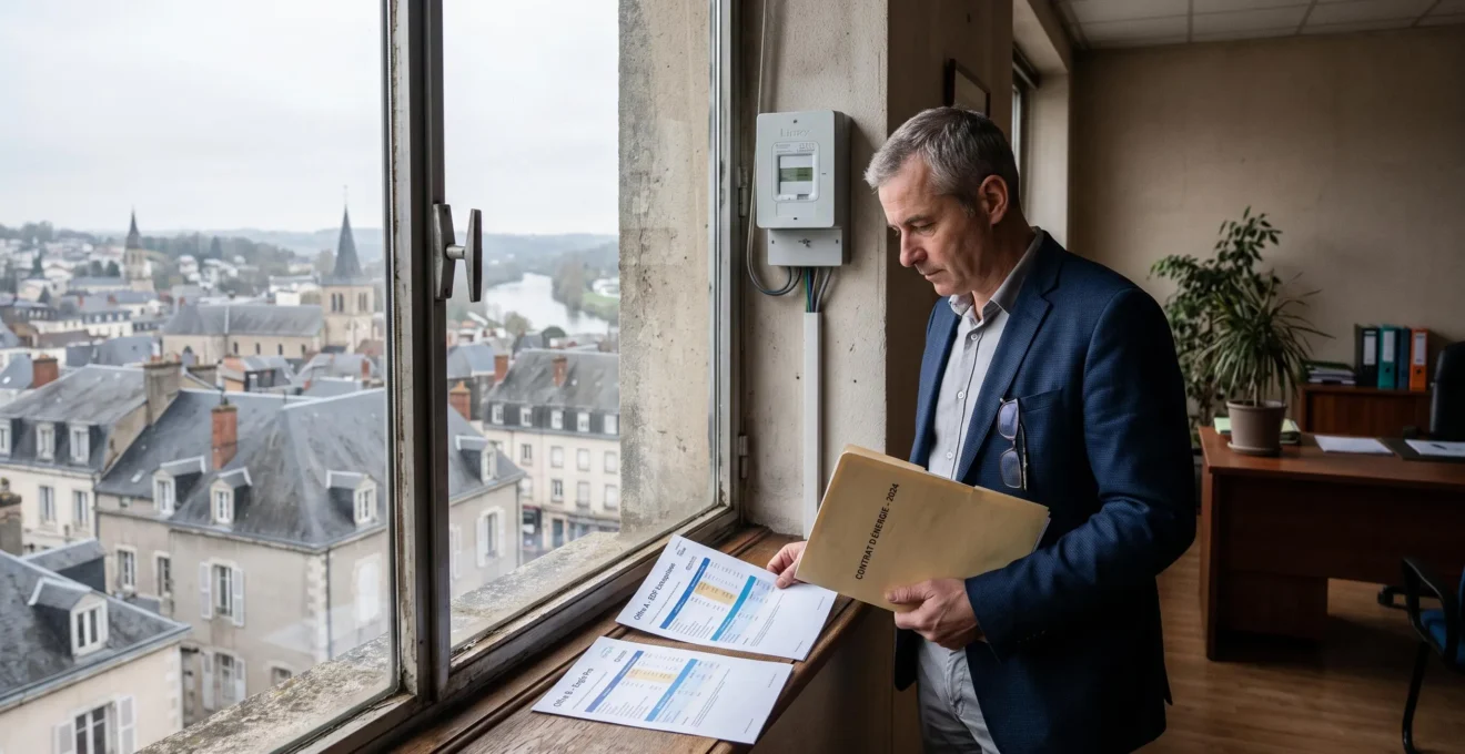 Un dirigeant d'entreprise compare des contrats d'énergie devant la fenêtre de son bureau.