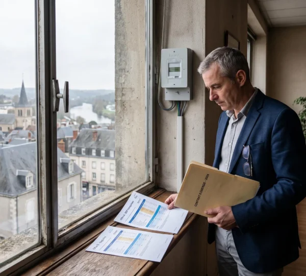 Un dirigeant d'entreprise compare des contrats d'énergie devant la fenêtre de son bureau.